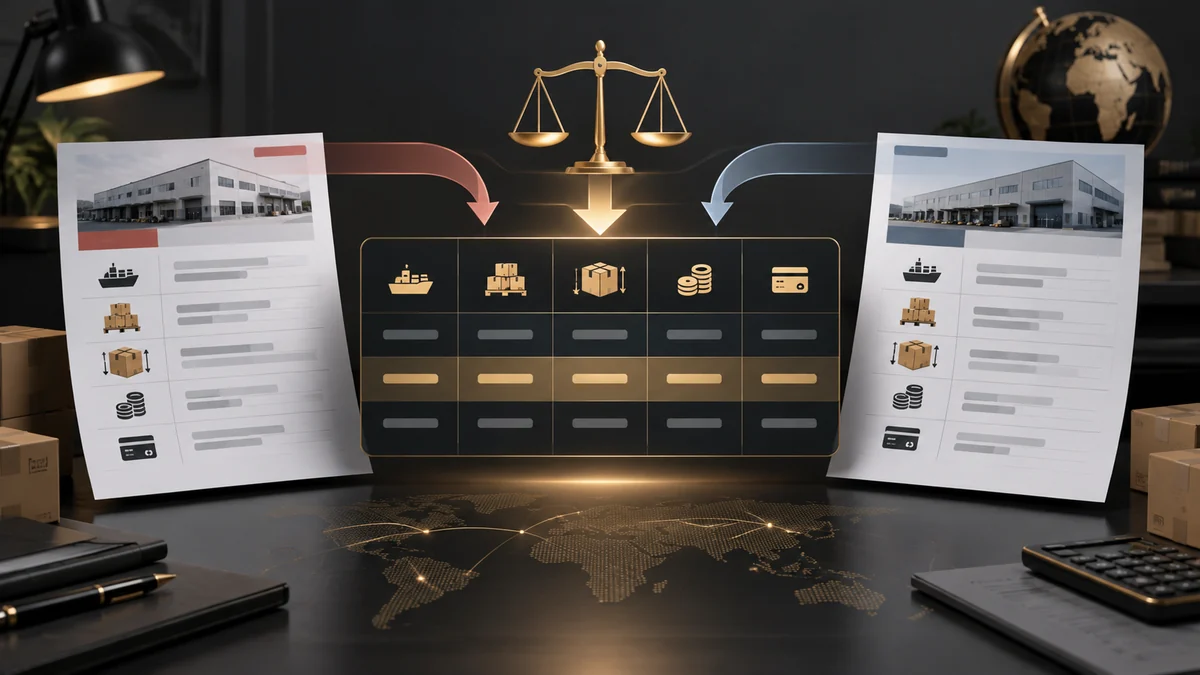 Two Chinese supplier quotations aligned into a normalized sourcing comparison