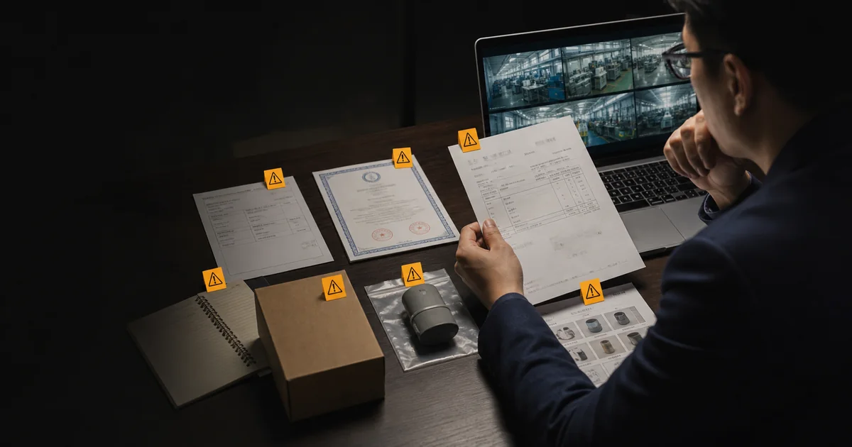 Procurement professional reviewing supplier documents, a factory video and a product sample marked with eight warning tabs