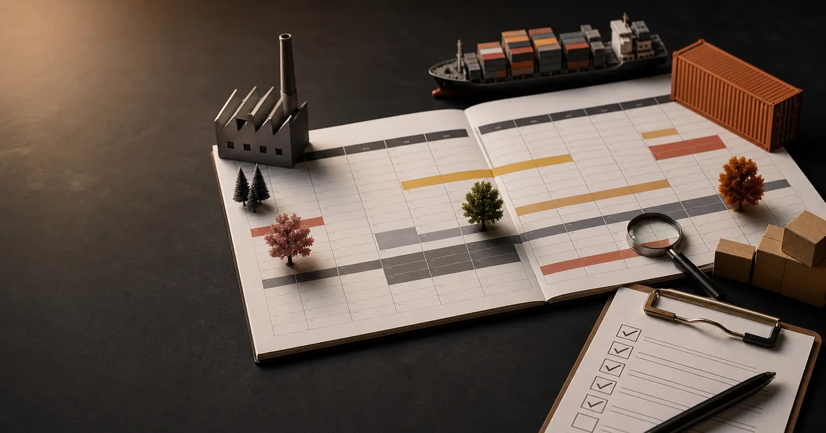 Annual sourcing calendar arranged with a factory, cargo ship, container, seasonal markers and inspection checklist