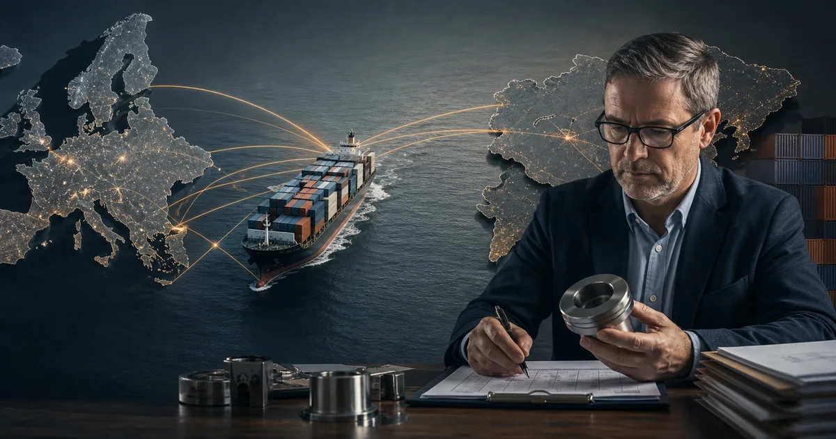 Customs analyst inspecting a metal component beside a cargo ship and trade routes between China and Europe