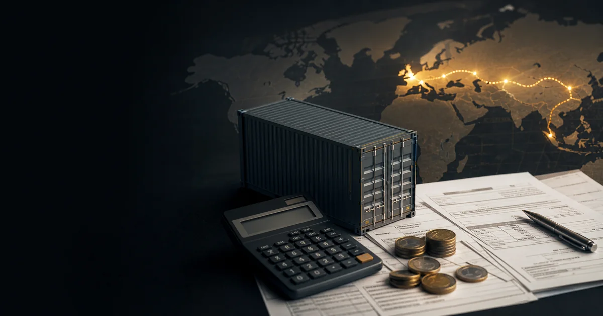 Cargo container, calculator, shipping documents and coins illustrating the landed cost of importing goods from China