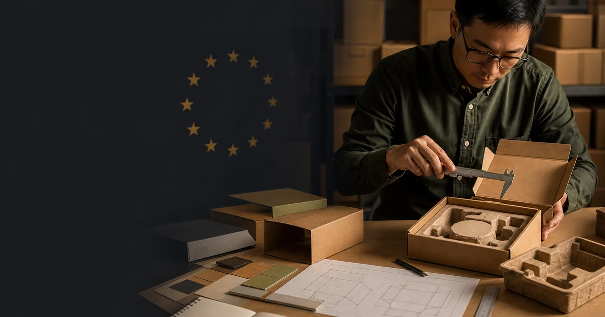 Packaging engineer measuring a right-sized cardboard box with molded fiber inserts for EU PPWR compliance