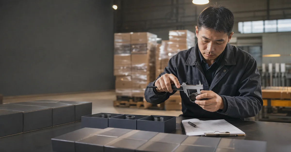 Factory inspector measuring a product sample beside packed export cartons during a pre-shipment inspection in China