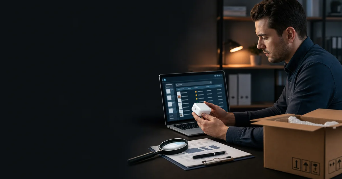 Importer comparing a consumer product sample with an online product safety alert database before placing an order