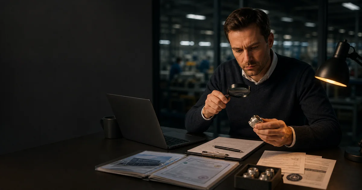 Sourcing analyst examining supplier certificates and a product sample with a factory floor visible behind